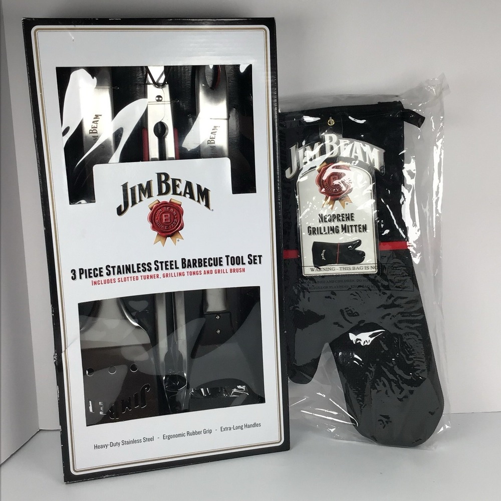 Jim Beam 3 Piece Stainless Steel BBQ Utensils Tool Set & Grilling Mitten